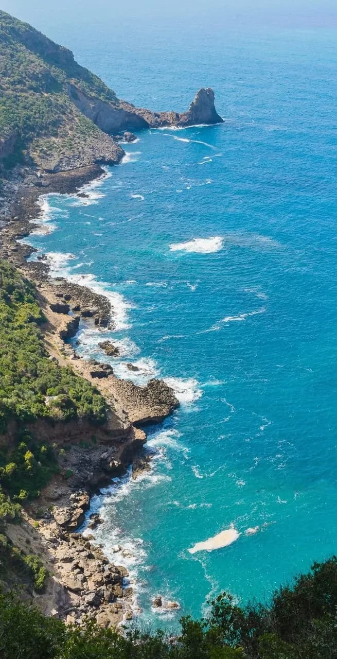 Green cliffs and a rocky shore above turquoise water on the Béjaïa coast