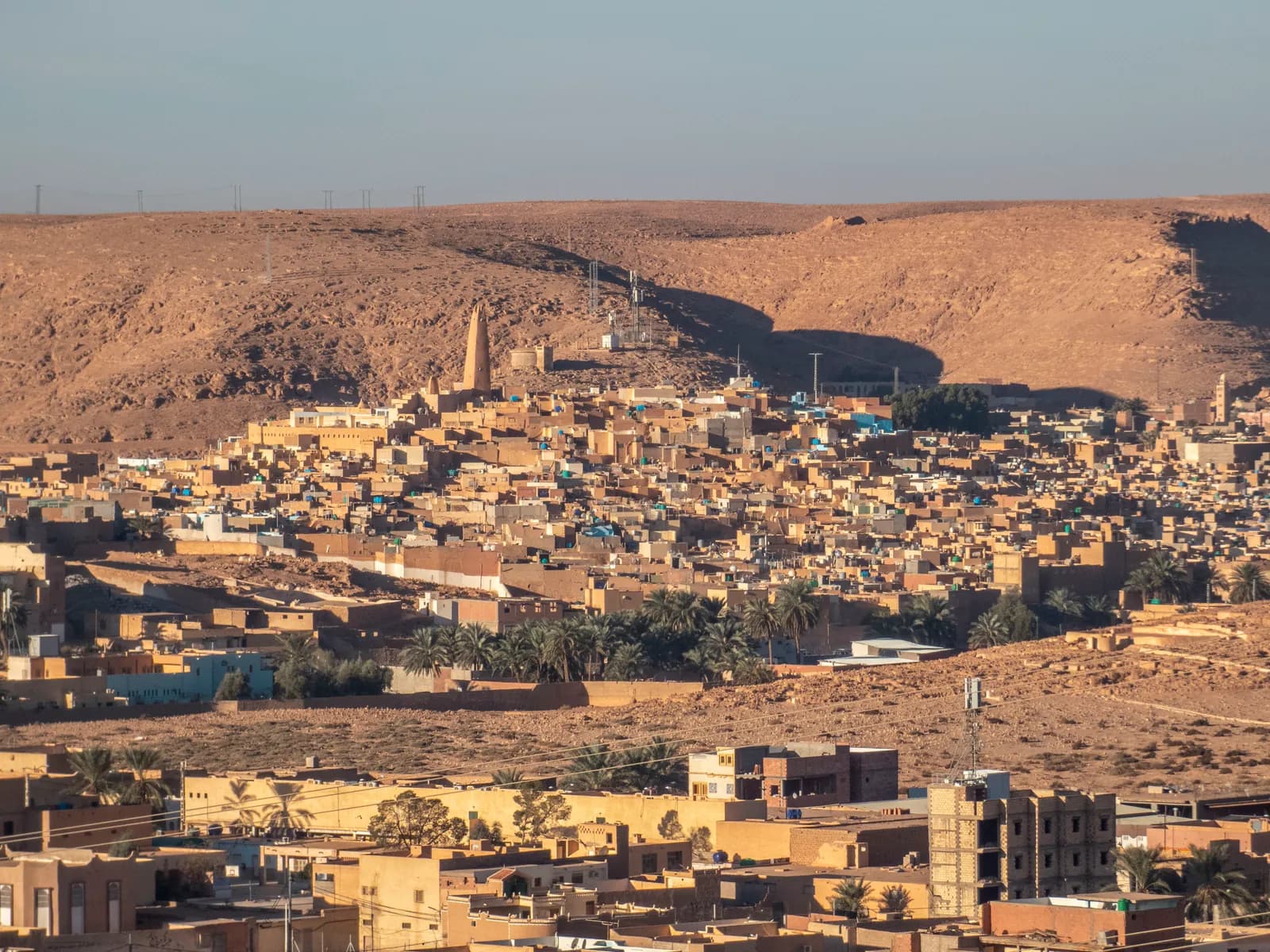 The ksar of Ghardaïa climbing its hill around the minaret, in the M’Zab Valley